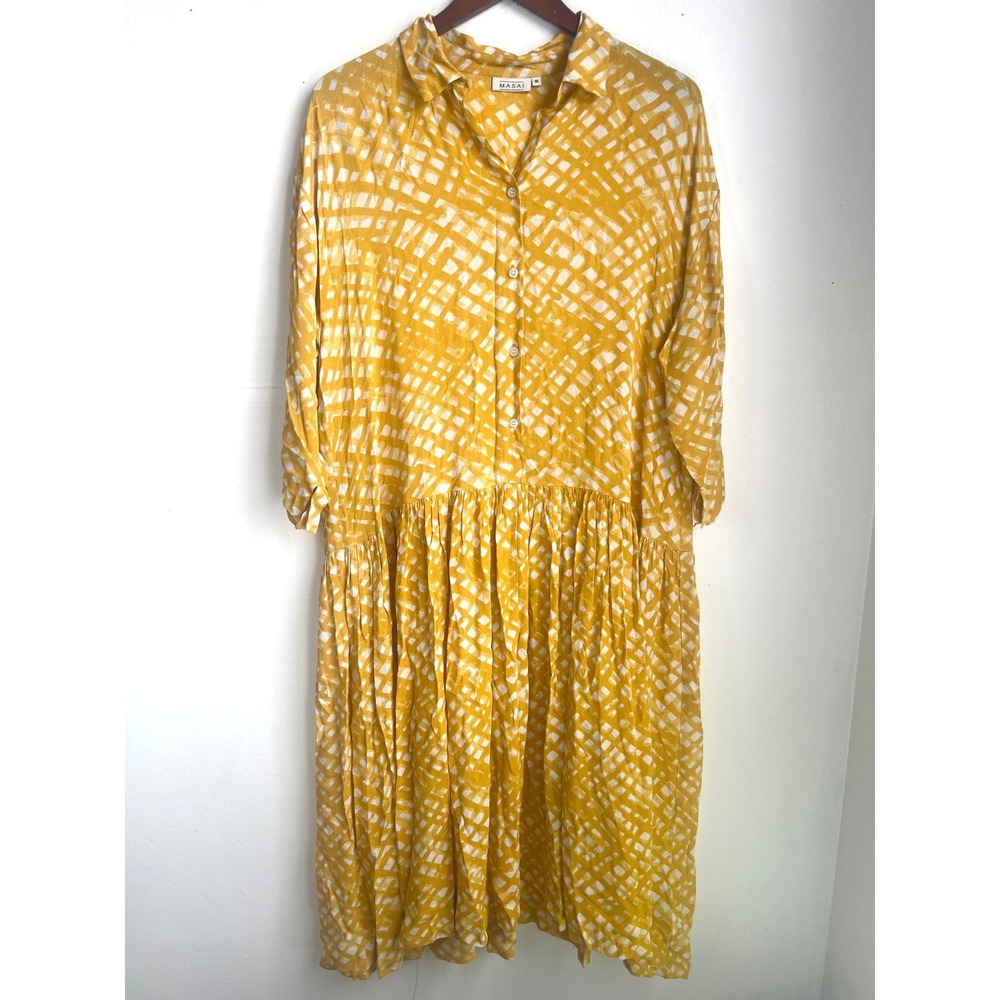 Masai Copenhagen Button Front Midi Dress Yellow Size M Abstract Grid Boho Scandi - Picture 2 of 12
